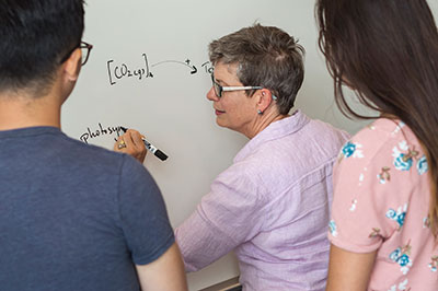 Students and professor in front of white board