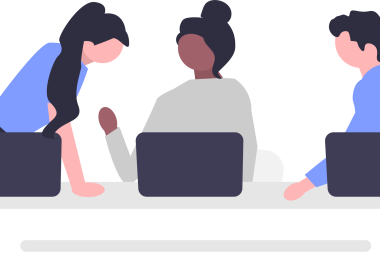 An illustration of 3 people working together on laptops