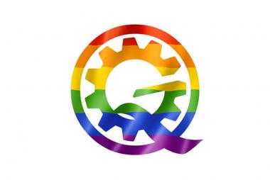 Gears and Queers logo - a rainbow coloured gear head shaped like a Q