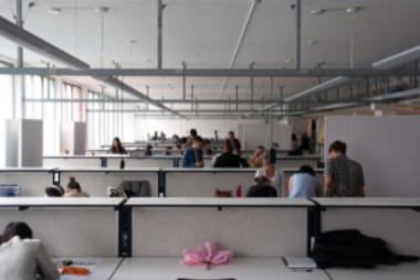 employees working at desks in open office area