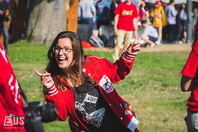 An engineering student having fun outside during the first week of school
